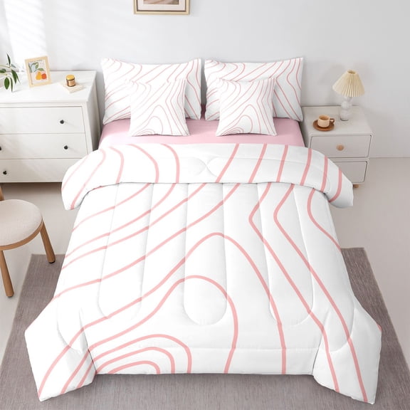 Homewish Pink Lines 7-Piece Twin Bedding,Modern Geometric Bedding Comforter Set,Pink Reversible