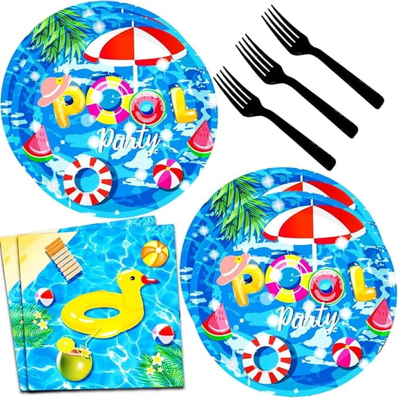 60 Piece Pool Party Tableware Set 7 Inch Plates and Napkins with Forks Serves 20