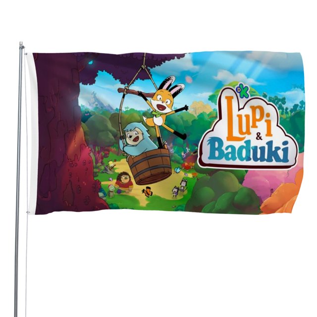 Lupi y Baduki Bandera impresa con temática, regalo perfecto para fanáticos, amigos y familiares, y adecuada para actividades al aire libre e interiores, decoraciones de fiesta. 90 cm × 150 cm.