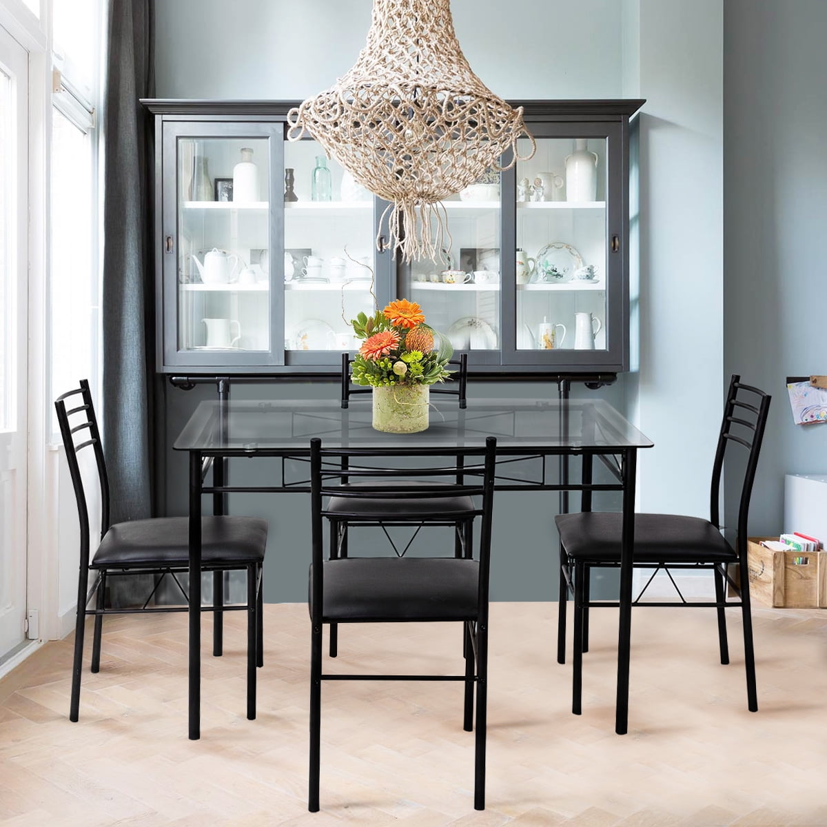 Gymax 5 Piece Dining Set Glass Top Table 4 Upholstered Chairs Gymax 5 Piece Dining Set Glass Top Table 4 Upholstered Chairs Kitchen Room Furniture