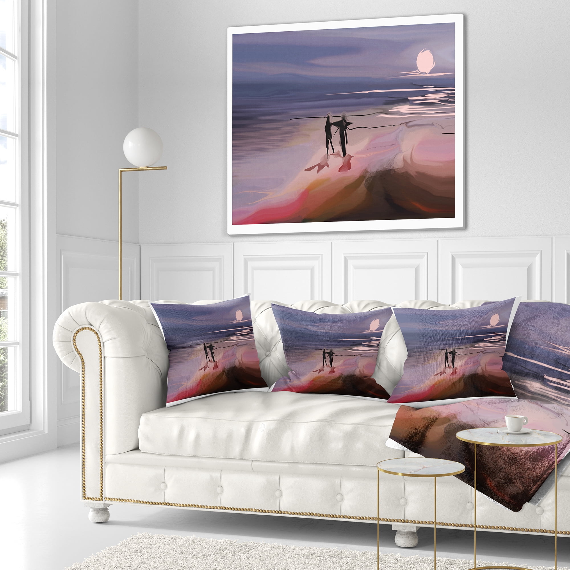 Designart Couple Walking near Ocean at Night - Seashore Photo Throw Pillow - 18x18