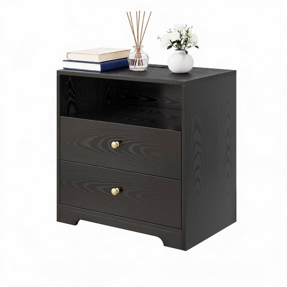Set of 2 Modern Nightstands with Charging Station & 2 Drawers – Black Bedside Tables for Bedroom