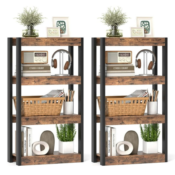 Costway 2 PCS 4 Tier Bookshelf Wooden Bookcase with Dual Anti-Tipping Kits Open Shelving Unit Brown