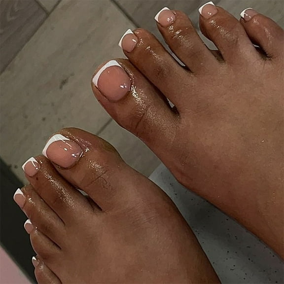 24pcs Short Artificial Toenails French Tip Press on Toenails Short Square False Toe Nails Pedicure For Various Occasion
