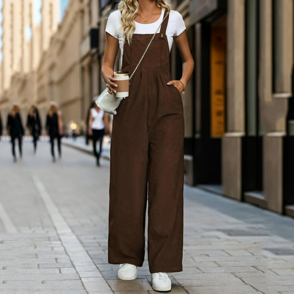 GSPCLAM Fleece Overalls for Women with Pockets Loose Fitting Solid Color Jumpsuits for Touring Fall Breathable Clothes Coffee M