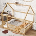 thumbnail image 3 of Jopath Full Size House Floor Wooden Bed with Roof Frame, Safety Guardrails for Boys Girls Natural, 3 of 9