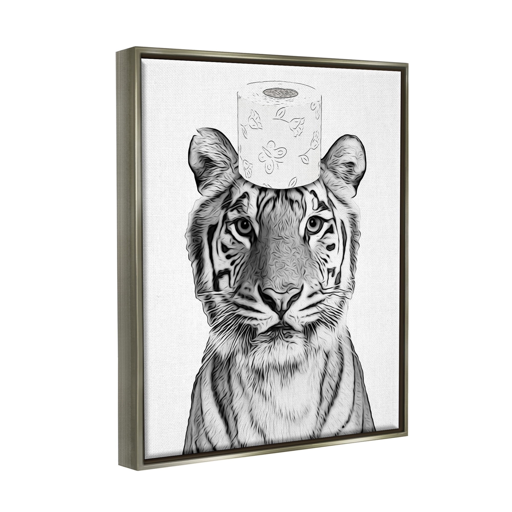 Stupell Industries Tiger Toilet Paper Bathroom Animals & Insects Painting Gray Floater Framed Art Print Wall Art