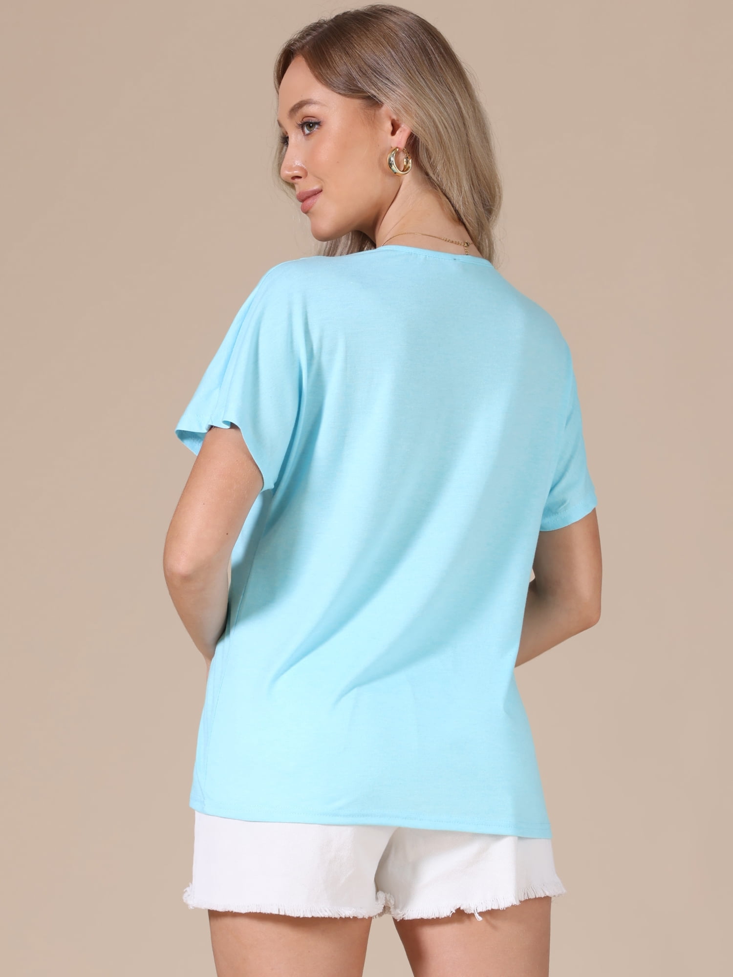 DARING DIVA Women's Summer Short Sleeve Tunic Tops Casual V Neck Button Shirts M Blue
