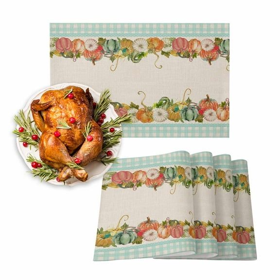 Fall Placemats Set of 4 Harvest Pumpkin Maple Leaf Place Mats Thanksgiving Placemat Buffalo Plaid Table Mats for Dining Kitchen Table Holiday Dinner Party Home Fall Decorations 13x19 Inch