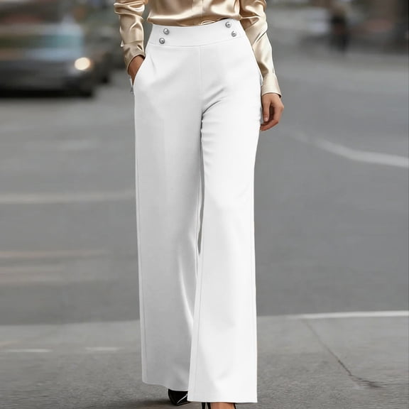 High Waist Dress Pants Women Button Straight Leg Formal Trousers for Office Work White XXL