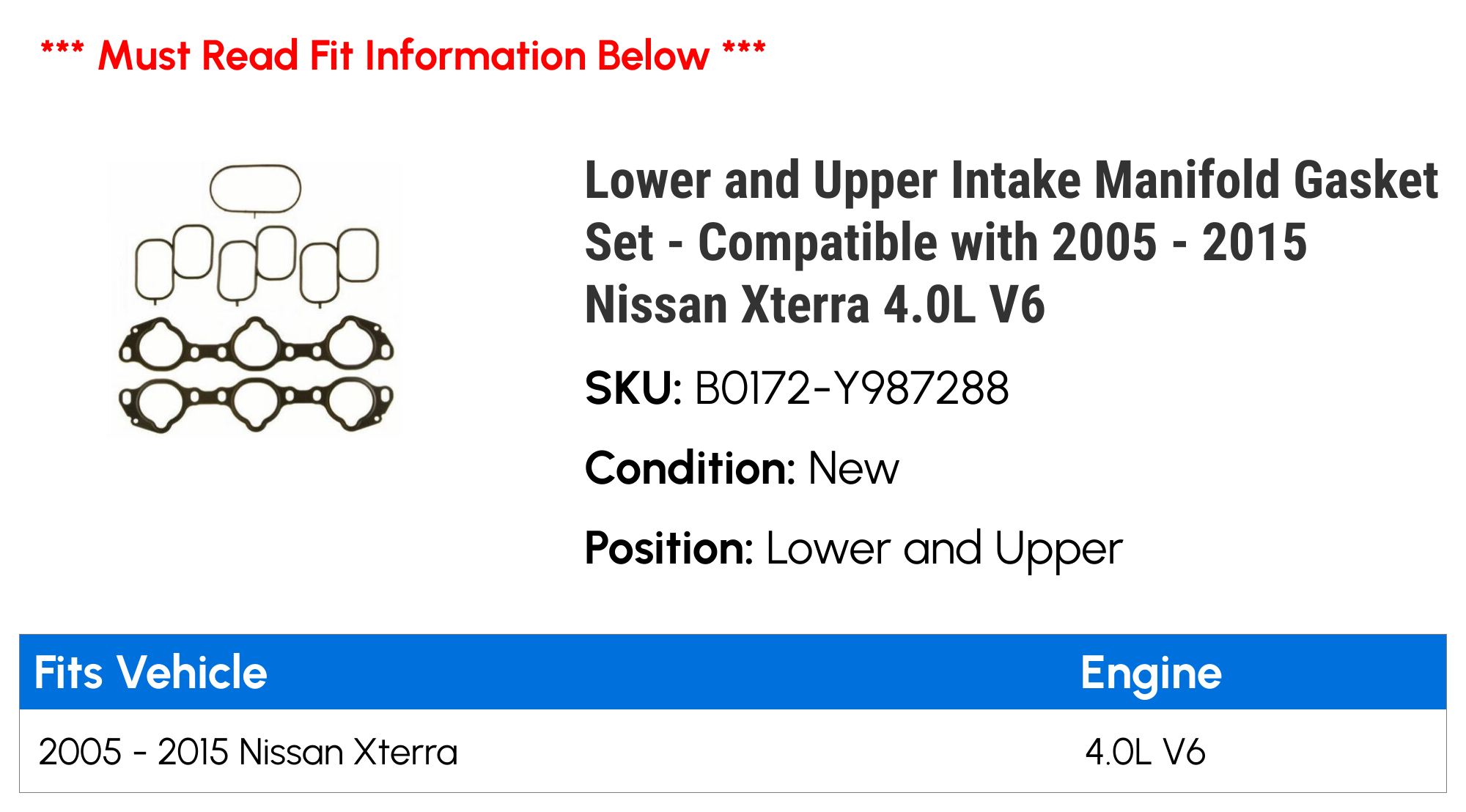 Lower and Upper Intake Manifold Gasket Set - Compatible with 2005 - 2015 Nissan Xterra 4.0L V6 2006 2007 2008 2009 2010 2011 2012 2013 2014