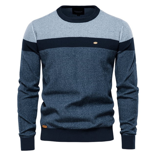 Suéter de algodón empalmado para hombre, Jersey informal con cuello redondo de alta calidad, suéteres de punto para hombre, nuevos suéteres de invierno para hombre