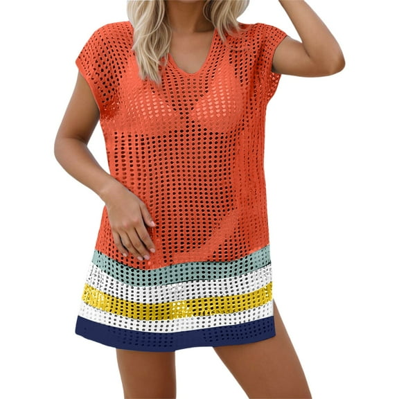 Beach Cover Up Women Summer Crochet Swimwear Cover Up V Neck Boho Rainbow Trim Lace Mesh Kimono Sheer Bikini Wrap