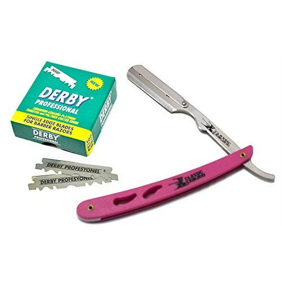 Classic Samurai CS-101 Pink For Ladies, Stainless Steel Professional Barber Straight Edge Razor Shavette with 100 Count Derby Single Edge Razor Blades