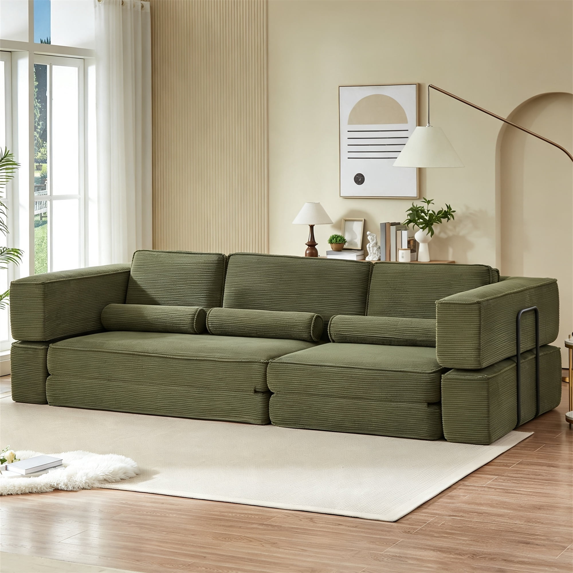 Aukfa 109" Oversized Convertible Sofa Bed Futon with Fixed Frame, Folding Pull Out Modular Boneless Sofa for Living Room, Corduroy, Green