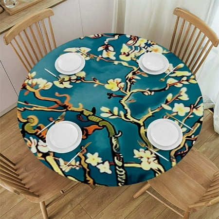

Autua White Flowers Round Tablecloth Stain Resistant and Washable Perfect for Indoor and Outdoor Use Elastic Edge 100% Polyester Fiber 42 -46