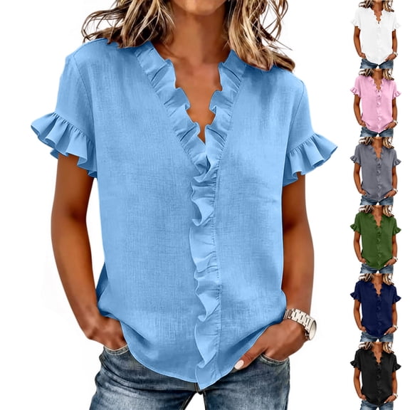 Favoffer Women's Linen Tops Short Sleeve V Neck Ruffle Trim Solid Color Loose Fit Breathable Casual Spring Summer Tops for Beach Street Vacation Outdoor