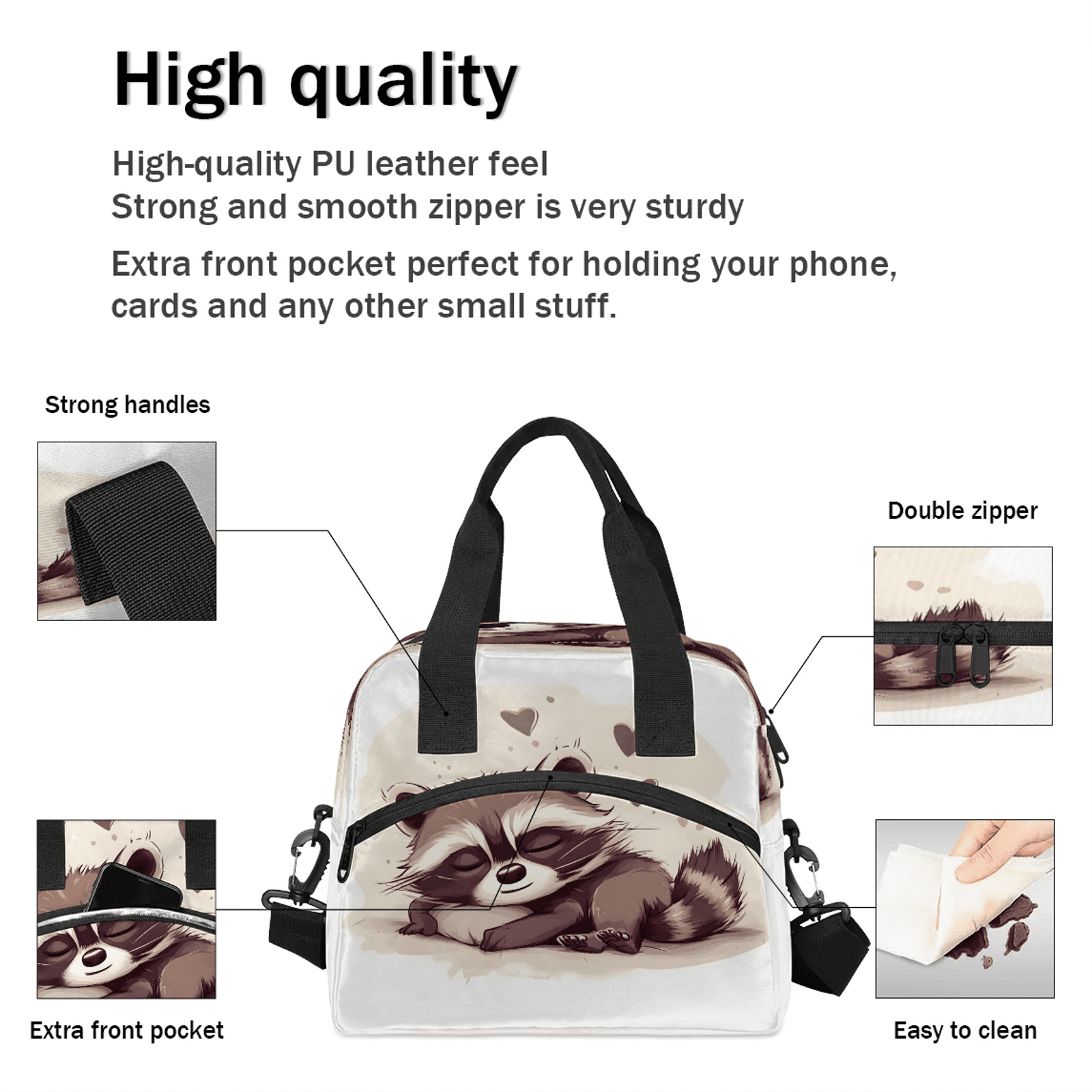 Herdesigns Raccoon Lunch Bag for Women Men Adult, Cute Large Insulated Reusable Lunch Box Leakproof Portable Cooler Tote Bags for Work Picnic Beach