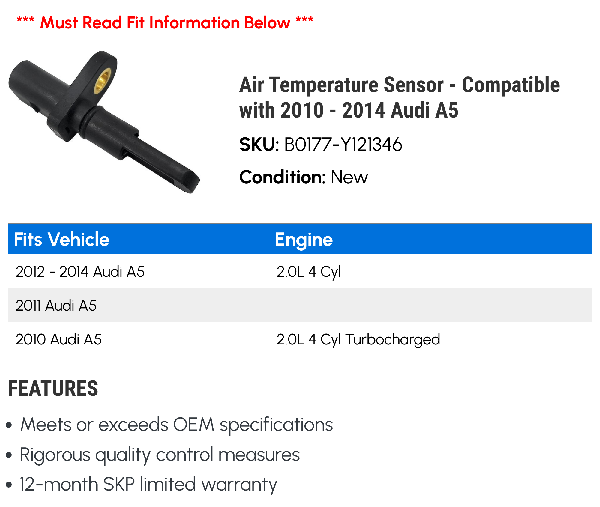 Outside Air Temperature Sensor With Connector For Audi A3 A4 A5 A8 & VW Jetta – Replaces 8Z0820535A