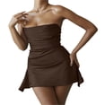 thumbnail image 3 of Women Off Shoulder Bodycon Tube Dress Satin Strapless Ruched Slip Dress Night Out Party Mini Dress Clubwear, 3 of 7