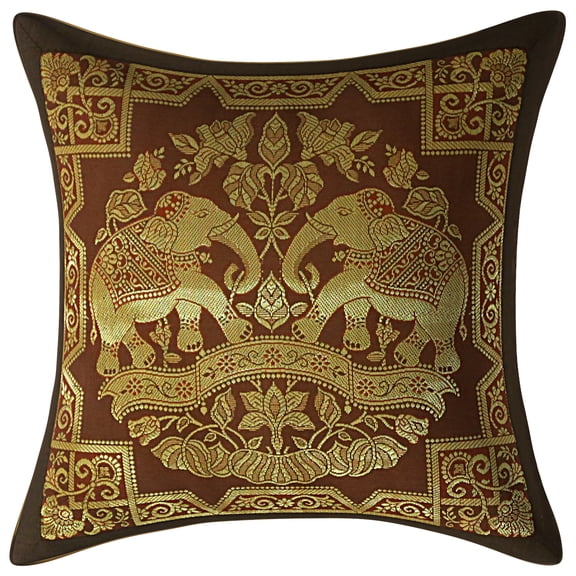 Stylo Culture Ethnic Decorative Throw Pillow Cases Elephant Floral Coffee Brown And Gold Throw Pillow Covers 12x12 Jacquard Weave Banarsi Bohemian Brocade 30x30 cm Cushion Covers (1 Pc)