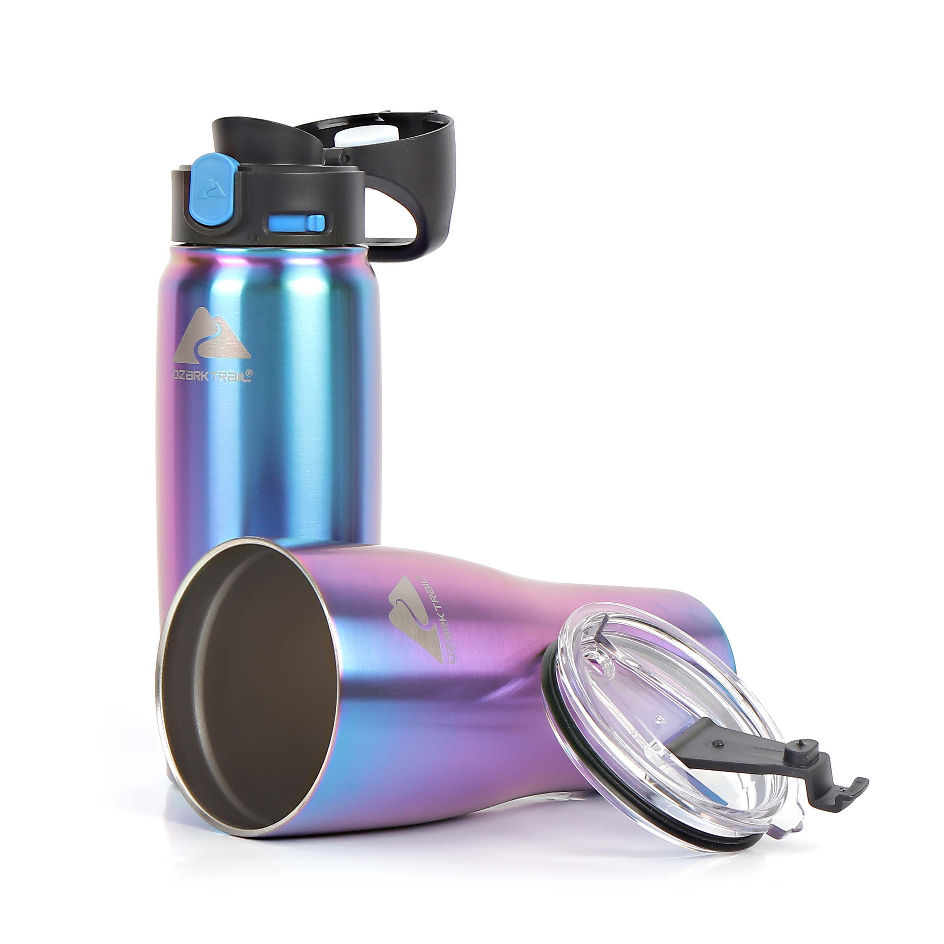 Ozark Trail 2 Pack Stainless Steel 32 oz Tumbler and 24 oz Travel Bottle Combo, Iridescent Blue
