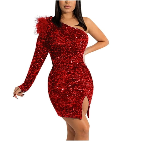 TIHLMK Sundresses for Women Deals Clearance Women s Slim Fashion Sexy One Shoulder Sequin Split Bag Hip Figure Dress Gift for Women
