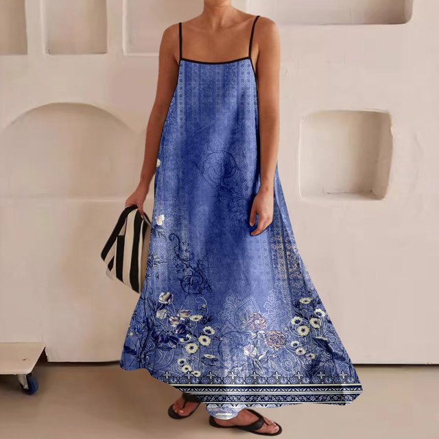 WILLBEST Robes pour Femmes Robe Maxi Contrastée Bretelles Spaghetti Tenues d'Été Voyage Sans Manches Longues Robes