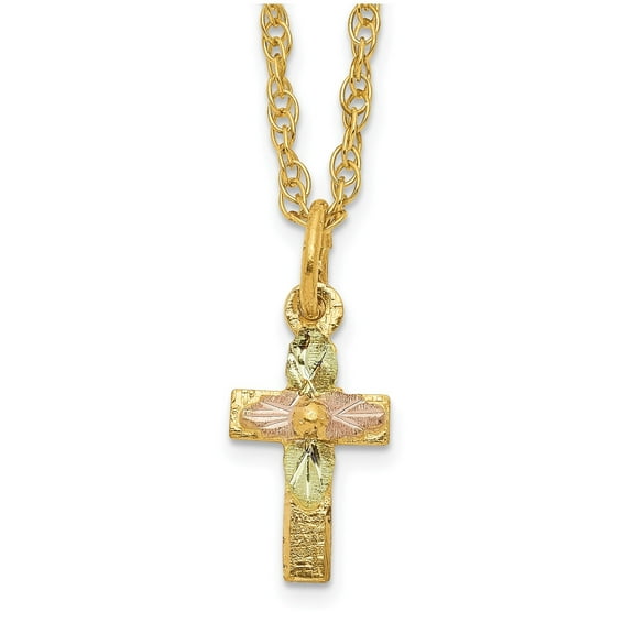 10K Tri-Color Gold Necklace with Textured Floral Cross Pendant for Men and Women in Yellow Rose and Green Finish for Spiritual Wear