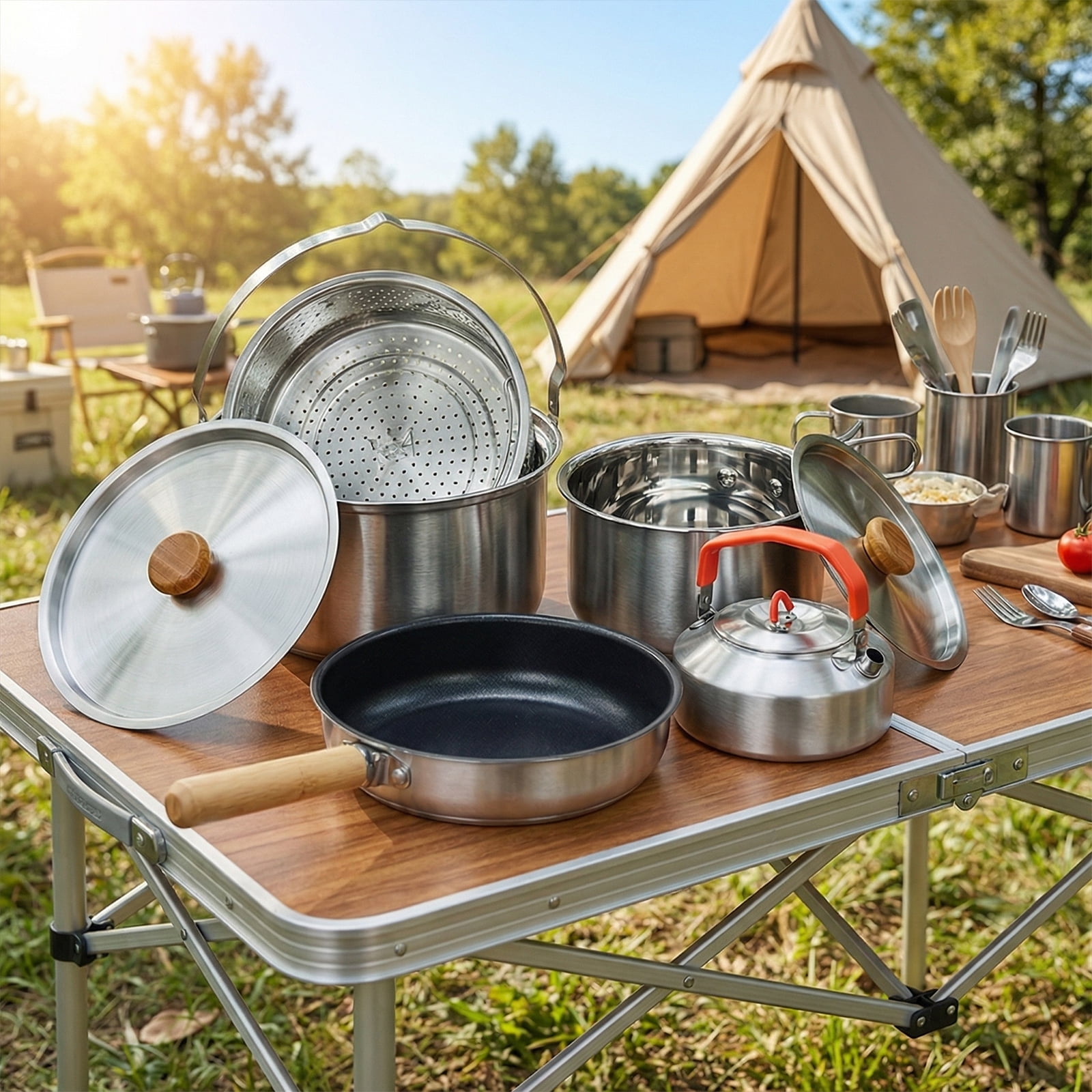 Zimtown Camping Cookware,Camping Pot Set for Outdoor Backpacking Camping,Outdoor Kitchen, Picnic,Hiking and Fishing,Stainless Steel