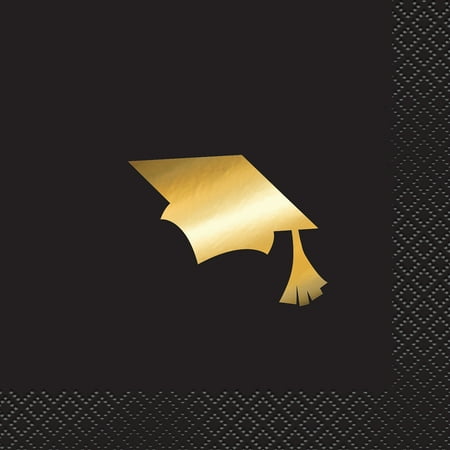 Golf Napkins - Foil Cap Graduation Paper Cocktail Napkins, 5 in, Black & Gold, 16ct