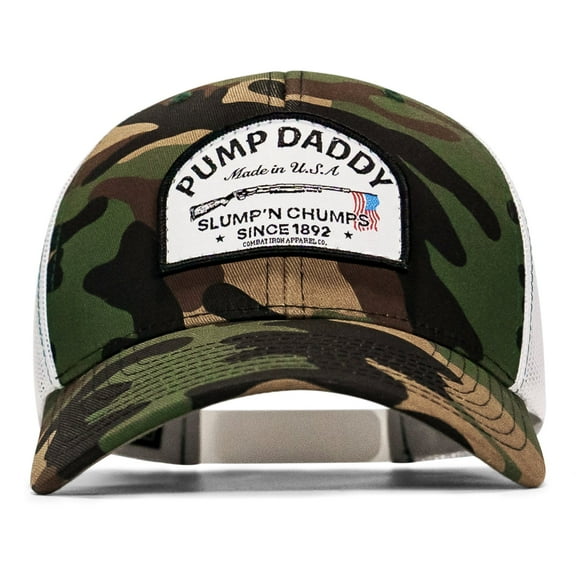 Combat Iron Men's Snapback Hat – “Pump Daddy Slump’n Chumps” Patch – BDU Camo/White – Mid-Profile, Mesh Back, Adjustable Fit