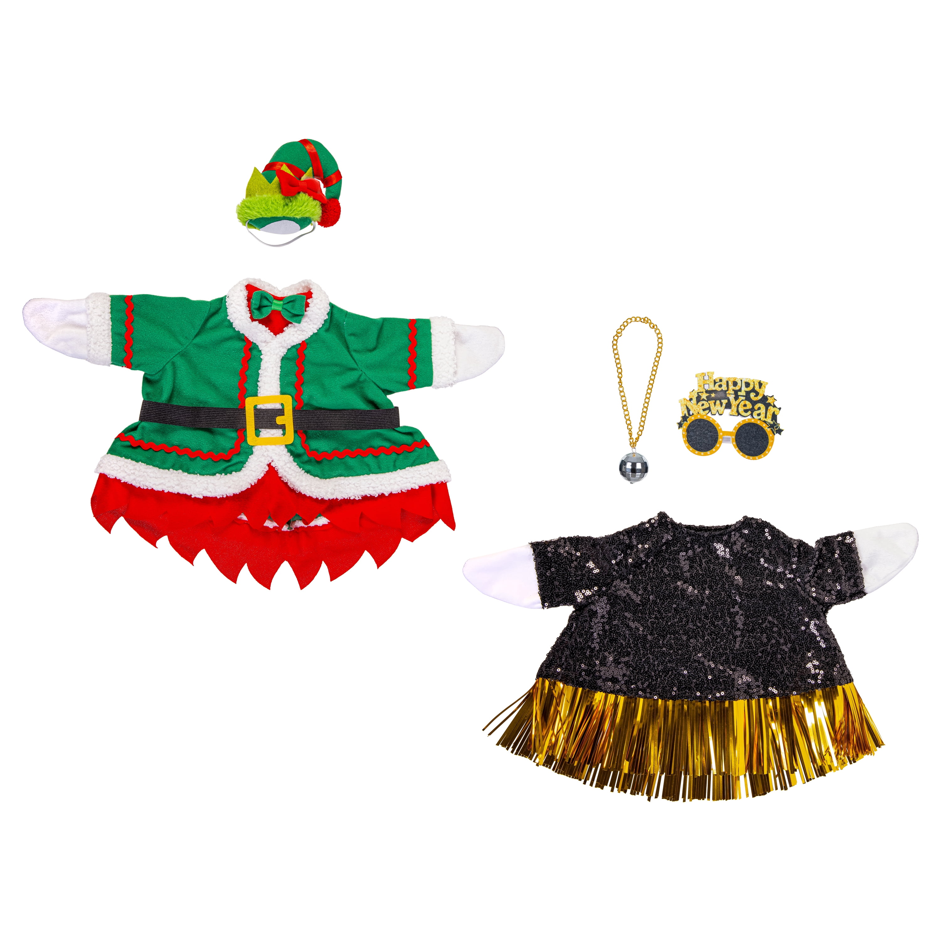 Mainstays Holiday Elf & New Year Porch Goose Outfit, Set of 2, Fits 20" Goose