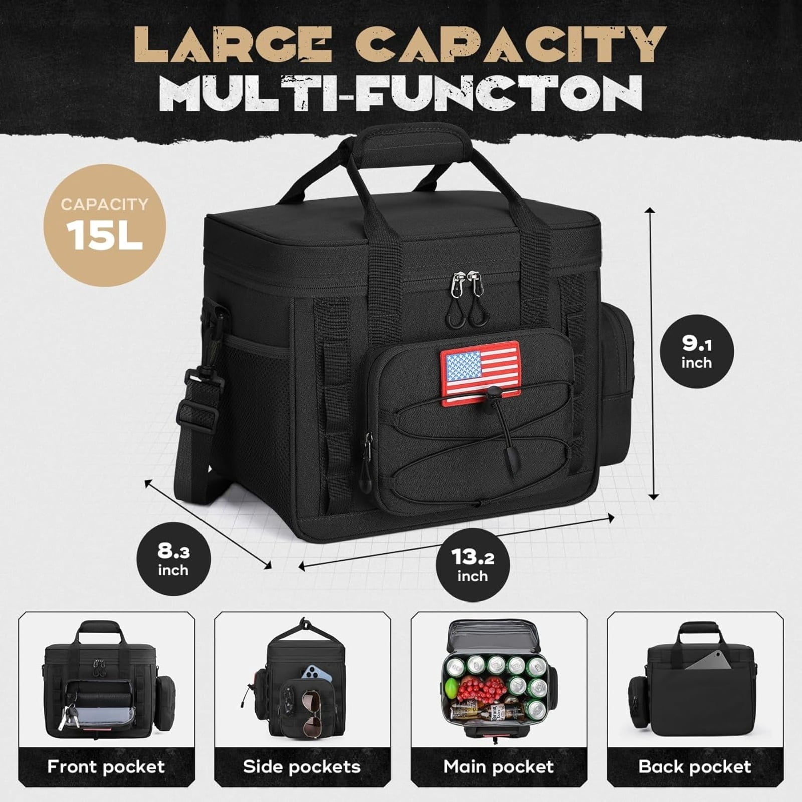 Tactical Lunch Box for Men with 5 Slim Ice Packs, 15L Insulated Cooler Bag with MOLLE Pouch
