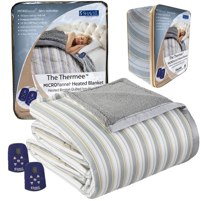 Thermee Micro Flannel Heated Blanket With Sherpa Back, King Size, 10-Setting Electric, Programmable, Ultra-Soft Throw, Fast Heating Thermal - City Stripe