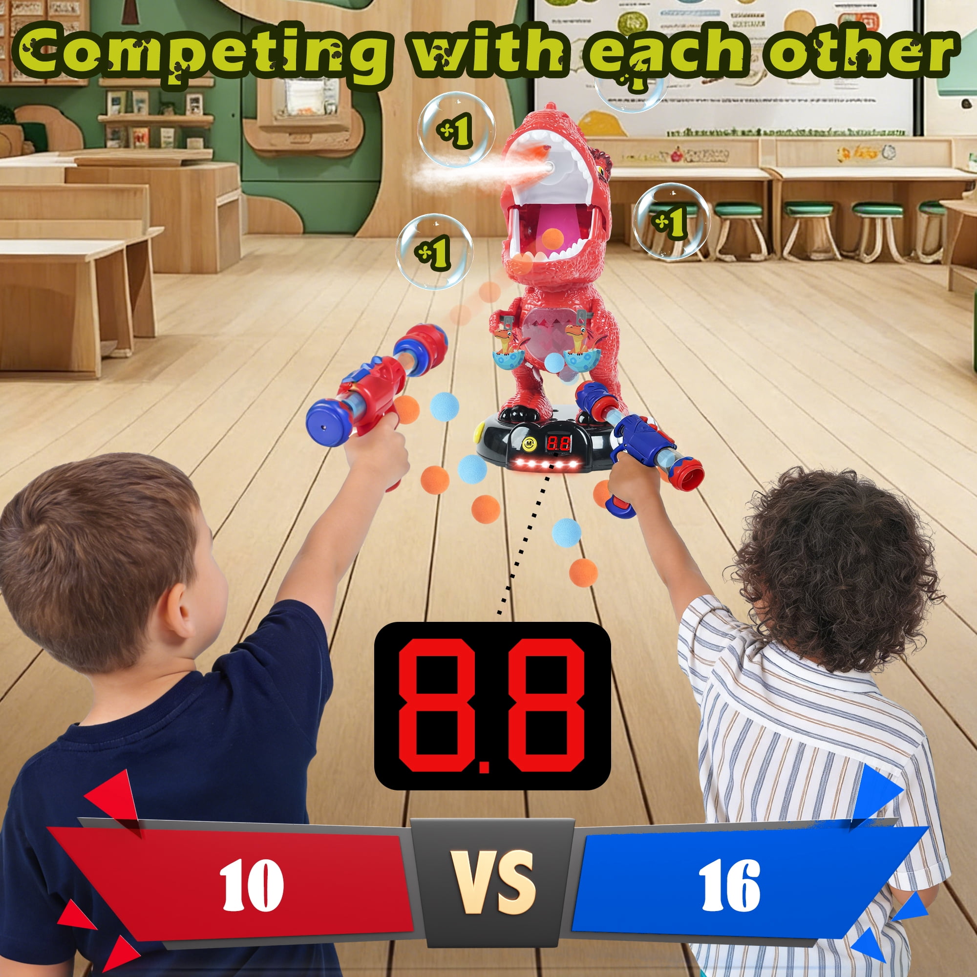 JUGAAD LIFE Dinosaur Shooting Toys for Kids, Movable Target Shooting Games with 2 Air Pump Blasters, 48 Foam Balls and LED Score, Birthday Gifts for 3 4 5 6 7 Years Old Boys - Orange