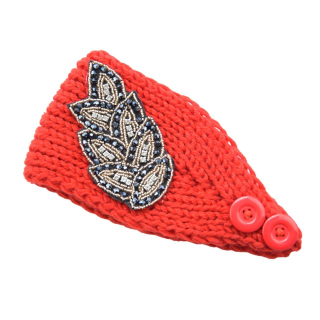 fastboy Crochet Headbands Winter Leaves Pattern with Rhinestones Elastic Head Protector Wide Warm Chunky Hair Accessories for Girls Red