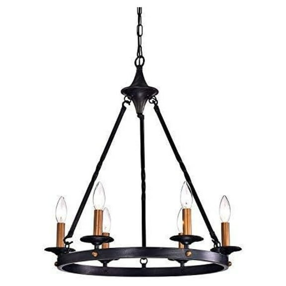 Wagon Wheel Chandelier, 6 Lights Farmhouse Lighting Fixture with Antique Black Finish, Brass Candle Style Chandelier, Entryway, Living, Dining Room