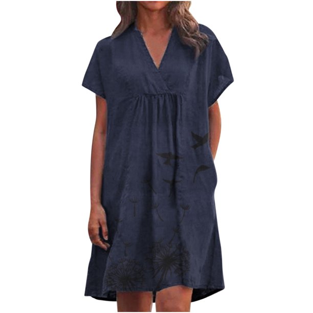 Vestidos casuales de verano para mujer, túnica de fiesta, columpio, cuello en V informal, vestidos de mujer sólidos con bolsillos Pompotops ghjkhdj15509