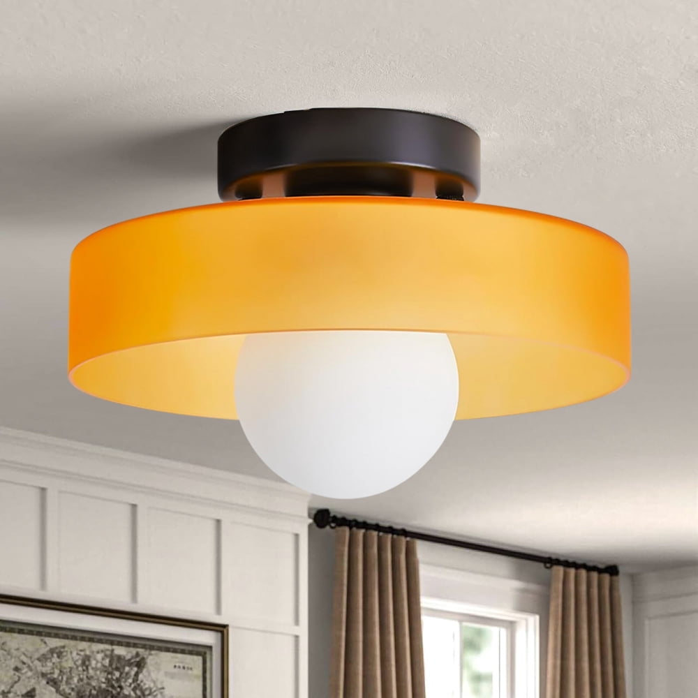 Mid-Century Modern Semi Flush Mount Ceiling Light, Kitchen Ceiling Light Fixture with Glass Shade,Vintage Close to Ceiling Lamp for Entryway Hallway Bathroom