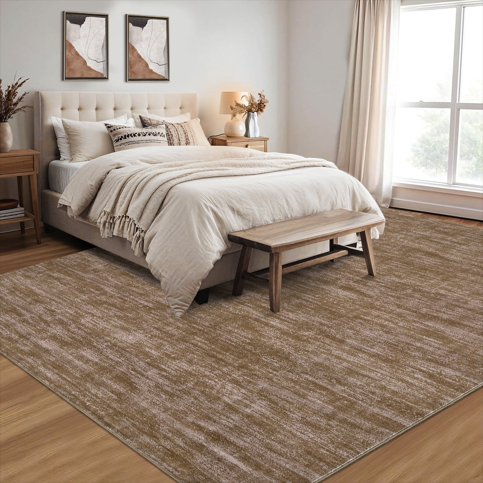FairOnly 8'x10'Modern Abstract Non Slip Non Shedding Area Rug Solid Texture Machine Washable Rug for Living Room Bedroom Dining Room，Camel