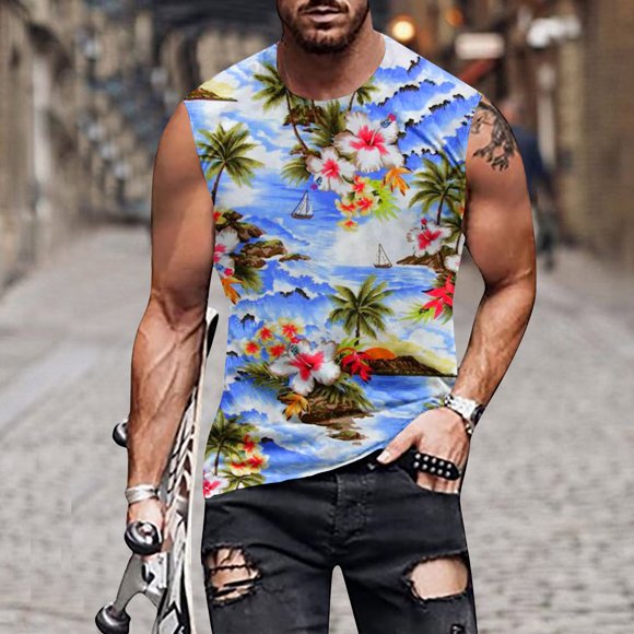 WAENQINLA Tank Tops Men Cotton Muscle Sleeveless Tshirts Casual Hawaiian Tropical Graphic Tees Sports Cut Off Tank Top Undershirts Mens Tank Tops Under $10