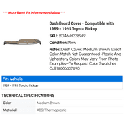 Dash Board Cover - Compatible with 1989 - 1995 Toyota Pickup 1990 1991 1992 1993 1994