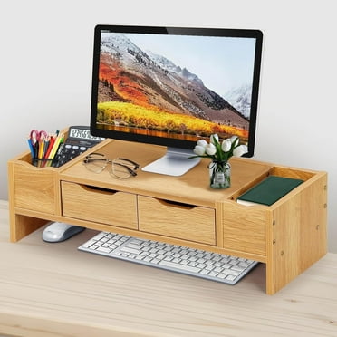 VGBYUJ Wood Desk Monitor Stand Riser, Computer Monitor Stand with 2 Drawers & 2 Compartments for Laptop, Printer, iMac
