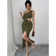 thumbnail image 3 of Green One Shoulder Cut Out Side Belt Split Maxi Dress For Women, 3 of 6