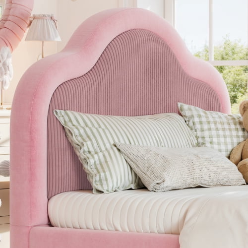 Twin Size Upholstered Kids Floor Bed with Curved Headboard, Safety Side Rails and Storage Pocket, Pink