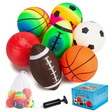 PLAYZAP Balls for Toddlers 1-3, 7 Pcs Toddler Sports Balls Set, 5 Inches Playground Ball Soccer Ball Basketball Baseball Rugby for Kids Gift
