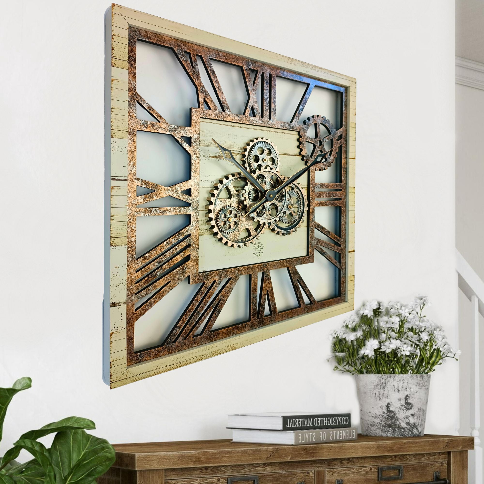THE GEARS CLOCK Wall Clock with Real Moving Gears AM-LI_ 24 in Square Desert-Beige