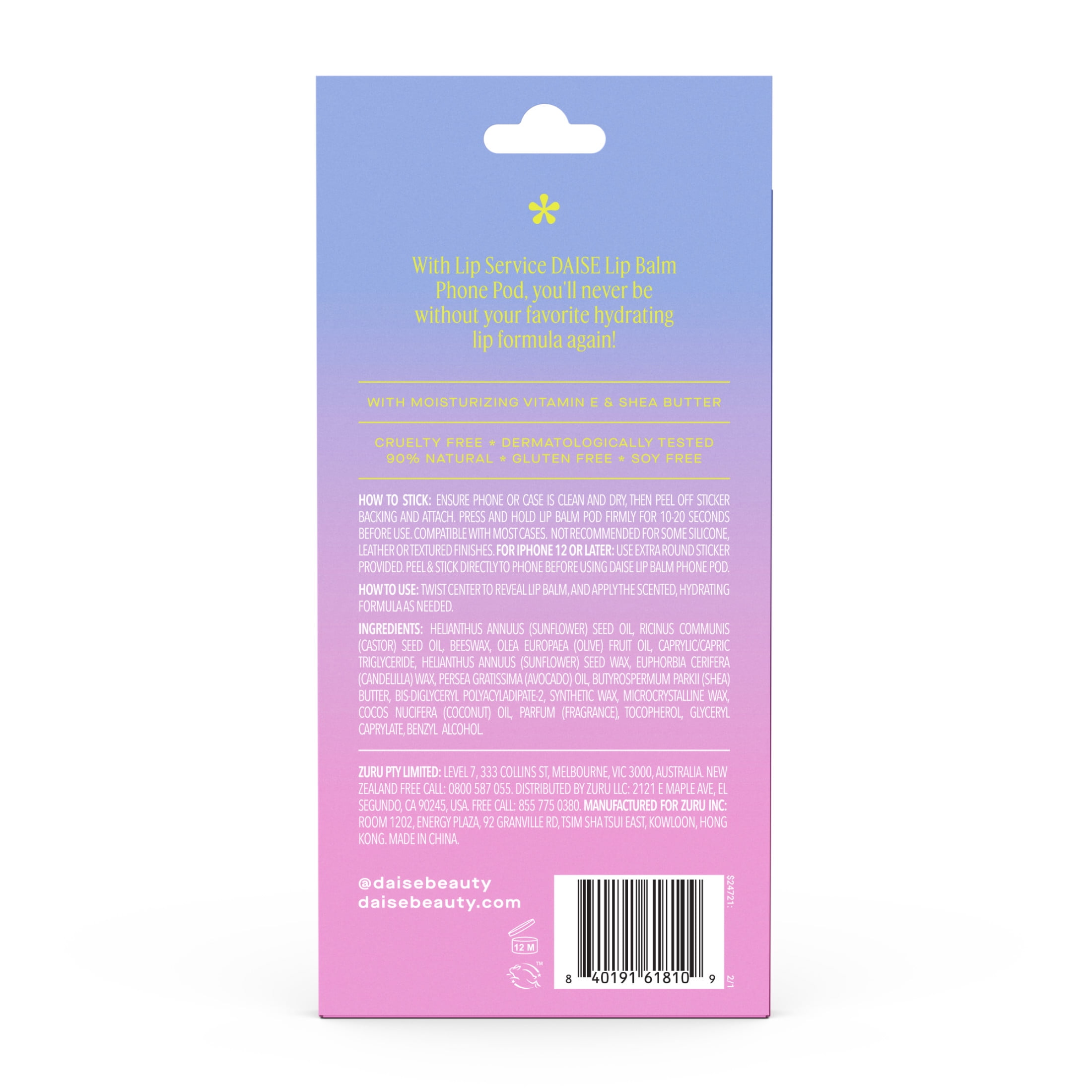 DAISE Lip Service Lip Balm Phone Pod in Coconut Breeze, With Vitamin E and Shea Butter, 1.7 g