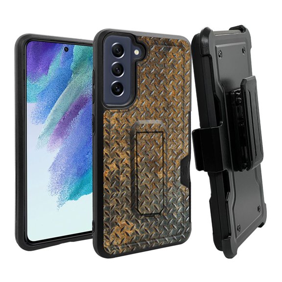 ANJ  Rugged Dual Layer Hybrid Holster Kickstand Case w/ Card Slot   Tempered Glass Cover for Samsung Galaxy S21 FE 5G - Rustic Steel Plate
